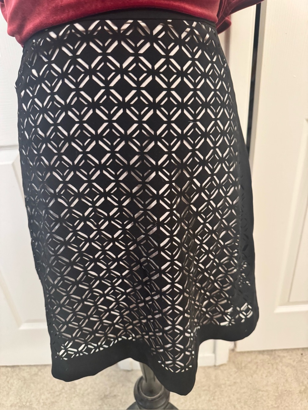 White House Black Market Black Laser-Cut A-Line Skirt with Neutral Underlay